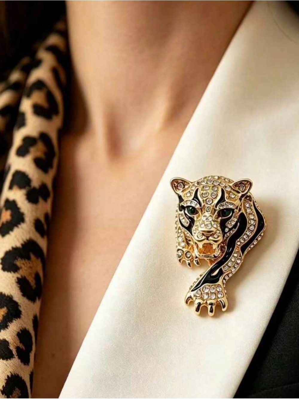 Gold and Black Crystal Leopard Brooch - Women Jewelry